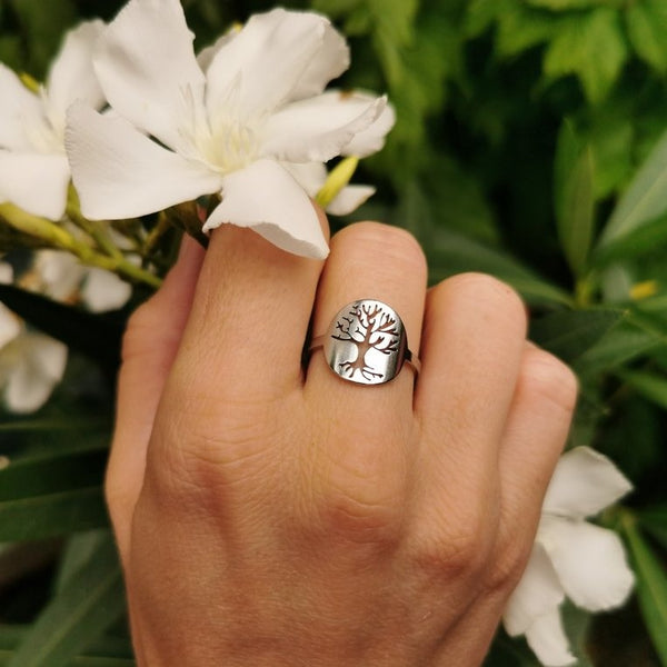 bague arbre de vie argenté en acier inoxydable pour femmes