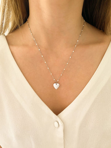 collier pendentif coeur acier inoxydable argenté avec perles émaillées blanches kaélou bijoux
