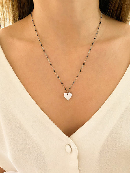 collier amour pendentif coeur acier inoxydable argente perles émaillées noir kaélou bijoux