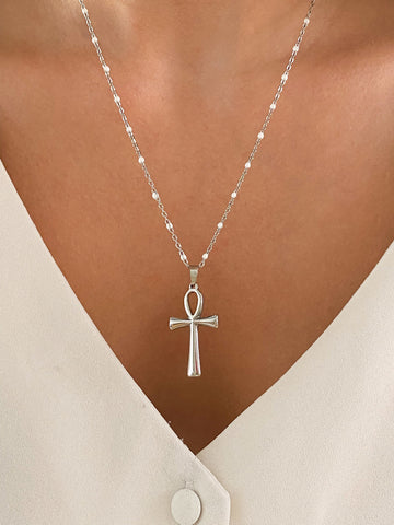 collier kaélou bijoux croix ankh acier inoxydable perles blanches