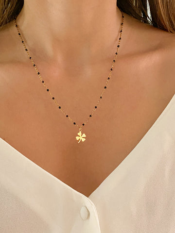 collier pendentif trèfle à quatre feuilles en acier inoxydable doré avec perles noire collier pour femme