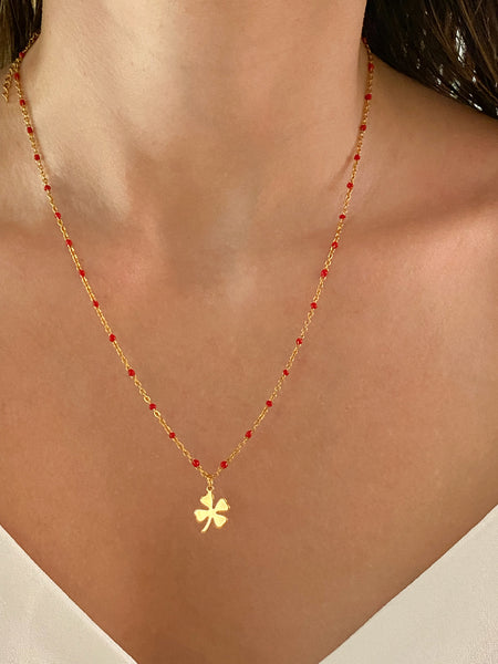 collier pendentif trèfle à quatre feuilles en acier inoxydable doré avec perles rouges collier pour femme