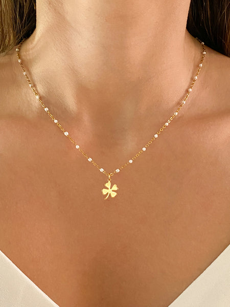 collier pendentif trèfle à quatre feuilles en acier inoxydable doré avec perles blanches collier pour femme
