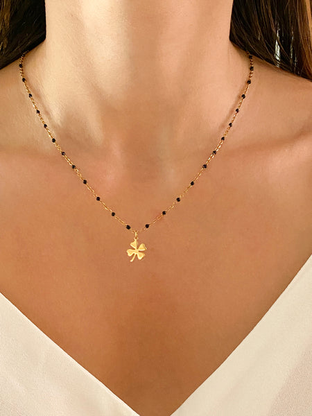 collier pendentif trèfle à quatre feuilles en acier inoxydable doré avec perles noires collier pour femme
