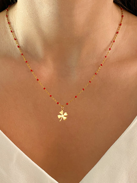 collier pendentif trèfle à quatre feuilles en acier inoxydable doré avec perles rouges collier pour femme